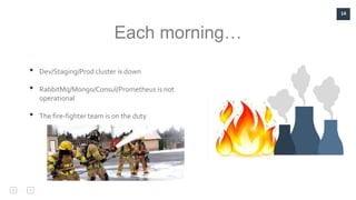 14
Each morning…
• Dev/Staging/Prod cluster is down
• RabbitMq/Mongo/Consul/Prometheus is not
operational
• The fire-fighter team is on the duty
 