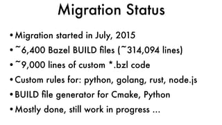 •Migration started in July, 2015
•~6,400 Bazel BUILD ﬁles (~314,094 lines)
•~9,000 lines of custom *.bzl code
•Custom rules for: python, golang, rust, node.js
•BUILD ﬁle generator for Cmake, Python
•Mostly done, still work in progress …
Migration Status
 