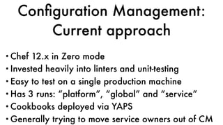 Conﬁguration Management:
Current approach
•Chef 12.x in Zero mode
•Invested heavily into linters and unit-testing
•Easy to test on a single production machine
•Has 3 runs: “platform”, “global” and “service”
•Cookbooks deployed via YAPS
•Generally trying to move service owners out of CM
 
