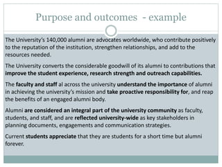 Purpose and outcomes - example
The University’s 140,000 alumni are advocates worldwide, who contribute positively
to the reputation of the institution, strengthen relationships, and add to the
resources needed.
The University converts the considerable goodwill of its alumni to contributions that
improve the student experience, research strength and outreach capabilities.
The faculty and staff al across the university understand the importance of alumni
in achieving the university’s mission and take proactive responsibility for, and reap
the benefits of an engaged alumni body.
Alumni are considered an integral part of the university community as faculty,
students, and staff, and are reflected university-wide as key stakeholders in
planning documents, engagements and communication strategies.
Current students appreciate that they are students for a short time but alumni
forever.
 