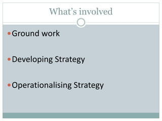What’s involved
Ground work
Developing Strategy
Operationalising Strategy
 