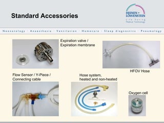 Standard Accessories Hose system,  heated and non-heated Flow Sensor / Y-Piece /  Connecting cable Expiration valve /  Expiration membrane Oxygen cell HFOV Hose 