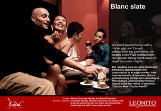 Our client approached us with a market gap, and through collaboration and partnership, we created a new F&B entertainment concept and strong brand based on target consumer insights. The resulting wine bar name and brand introduced approachable wine consumption to an eager market. After only two months of operation, Daluva entered among the top bars according to New Hanoian, and exceeded revenue targets in the first weeks of operation. ‘Chuc su khoe’, to your health! Blanc slate Daluva Corporate Identity and Brand Extension Corporate Identity, Retail Environment / Creating a new brand by partnering with our client who recognized a market gap but didn’t know where to start Project: Services / Solution: 