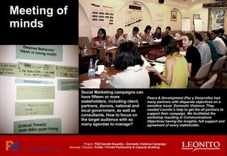 Project: Services / Solution: P&D Gender Equality – Domestic Violence Campaign Public / Private Partnership & Capacity Building Social Marketing campaigns can have fifteen or more stakeholders, including client, partners, donors, national and local government, as well as consultants. How to focus on the target audience with so many agendas to manage? Peace & Development (Paz y Desarrollo) had many partners with disparate objectives on a sensitive issue: Domestic Violence. They needed Leonito’s help to get the all partners to support their campaign. We facilitated the workshop resulting in Communications Objectives having the insights, full support and agreement of every stakeholder. Meeting of minds 