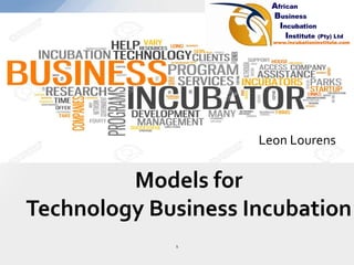 1
Models for
Technology Business Incubation
Leon Lourens
 