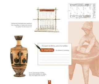 Αττική µελανόµορφη λήκυθος.
Δύο γυναίκες γεµίζουν τις υδρίες
τους στην κρήνη, 520–510 .Χ.
Σχεδιαστική ανα αράσταση αργαλειού
ου στηρίχθηκε σε αράσταση αγγείου
των µέσων του 6ου αιώνα .Χ.
9
τι νοµίζεις
Στο αγγείο ου βλέ εις µέσα στην ροθήκη
ότι κάνουν οι γυναίκες;
 