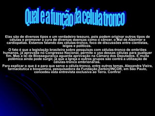   Elas são de diversos tipos e um verdadeiro tesouro, pois podem originar outros tipos de células e promover a cura de diversas doenças como o câncer, o Mal de Alzeimer e cardiopatias. Estamos falando das células-tronco, foco de discussões entre cientistas, leigos e políticos.  O fato é que a legislação brasileira sobre pesquisas com células-tronco de embriões humanos, já aprovada no Congresso Nacional, permite o uso dessas células para qualquer fim. Mas a lei de Biossegurança aguarda aprovação na Câmara dos Deputados. E muita polêmica ainda pode surgir, já que a Igreja e outros grupos são contra a utilização de células-tronco embrionárias.  Para explicar o que é e para que serve a célula-tronco, entre outros temas, Alexandra Vieira, farmacêutica e bioquímica, pesquisadora da Fundação Zerbini/INCOR, em São Paulo, concedeu esta entrevista exclusiva ao Terra. Confira! Qual e a função da celula tronco 