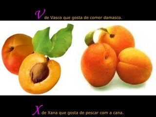 V  de Vasco que gosta de comer damasco. X  de Xana que gosta de pescar com a cana. 