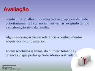 Sendo um trabalho proposto a todo o grupo, era dirigido
     prioritariamente às crianças mais velhas, exigindo tempo
     e colaboração ativa da família.

     Algumas crianças fazem referência a conhecimentos
     adquiridos no ano anterior.

     Foram recebidos 13 livros, do número total de 24
     crianças, o que perfaz 54% de adesão à atividade.

Leonor Albuquerque
Sala Encarnada
EB1/JI Prof. João Dias Agudo
 