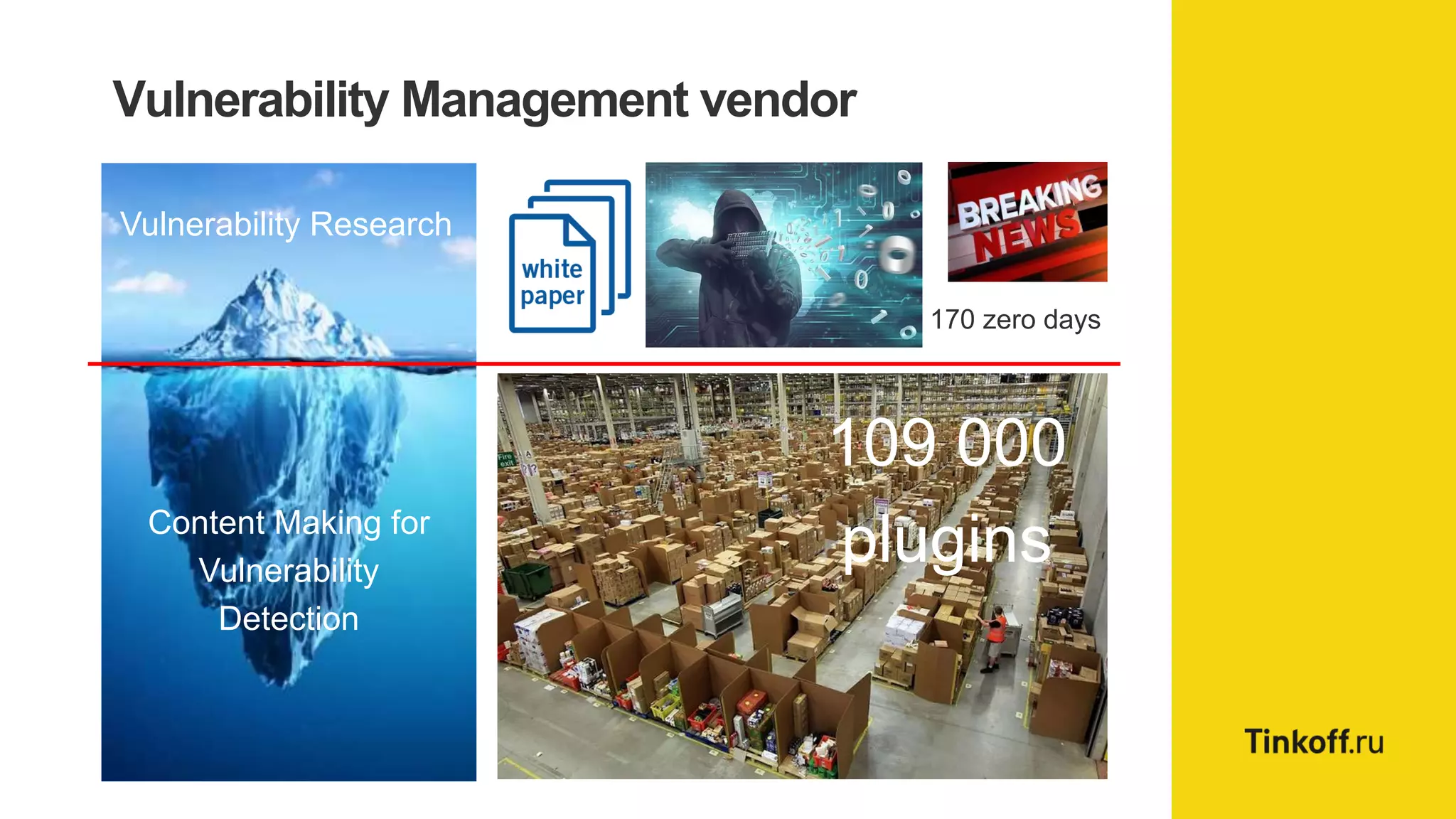 Vulnerability Management vendor
Vulnerability Research
Content Making for
Vulnerability
Detection
109 000
plugins
170 zero days
 
