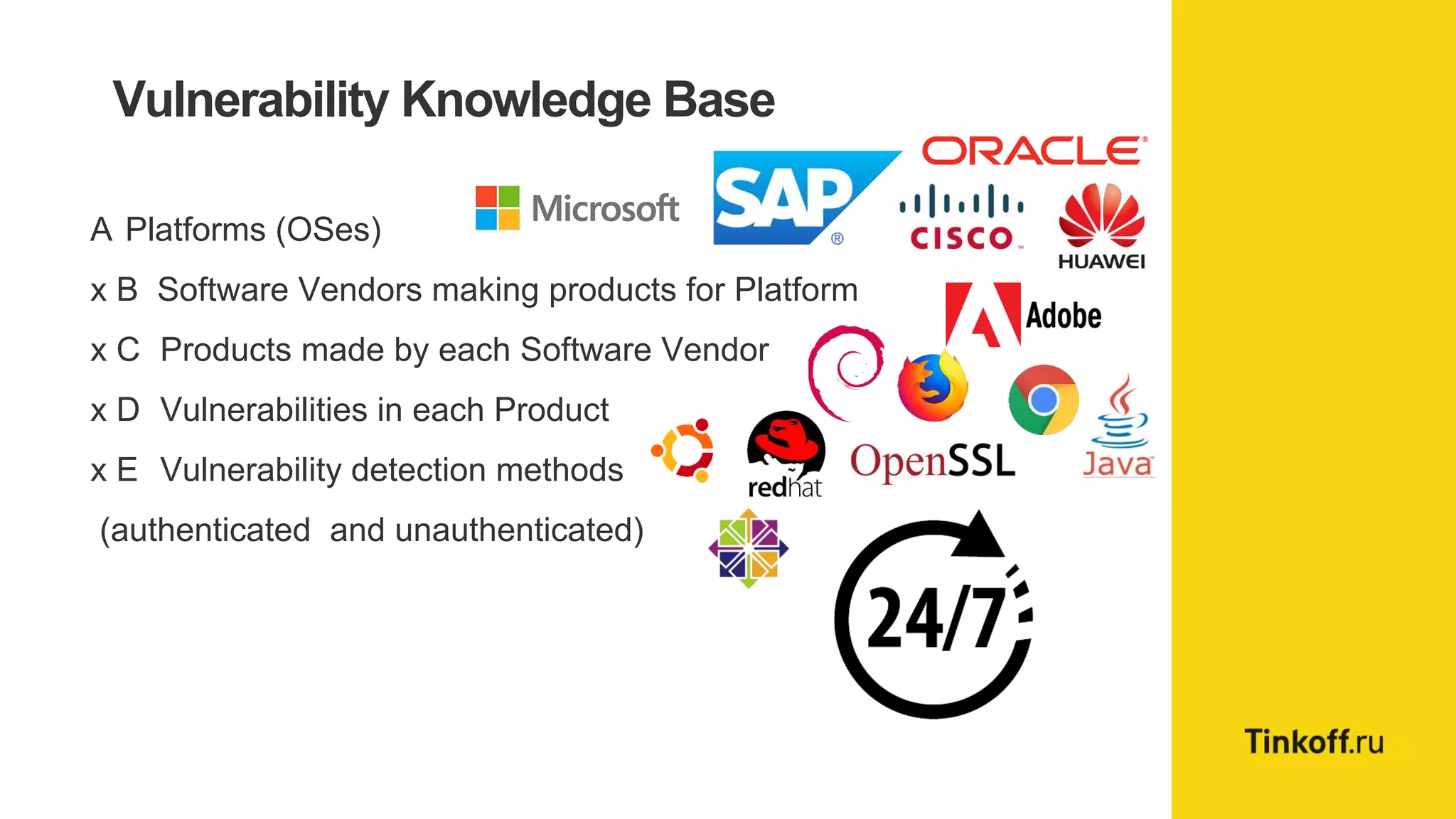 Vulnerability Knowledge Base
A Platforms (OSes)
x B Software Vendors making products for Platform
x C Products made by each Software Vendor
x D Vulnerabilities in each Product
x E Vulnerability detection methods
(authenticated and unauthenticated)
 