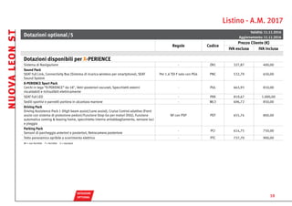 Listino - A.M. 2017
DOTAZIONI
OPTIONAL
Dotazioni optional
Validità: 11.11.2016
Aggiornamento: 11.11.2016
Regole Codice
Prezzo Cliente (€)
IVA esclusa IVA inclusa
Dotazioni disponibili per X-PERIENCE
Sistema di Navigazione - ZN1 327,87 400,00
Sound Pack
SEAT Full Link, Connectivity Box (Sistema di ricarica wireless per smartphone), SEAT
Sound System
Per 1.6 TDI F solo con PG6 PNC 532,79 650,00
X-PERIENCE Sport Pack
Cerchi in lega “X-PERIENCE” da 18˝, Vetri posteriori oscurati, Specchietti esterni
riscaldabili e richiudibili elettricamente
- PUL 663,93 810,00
SEAT Full LED - PXX 819,67 1.000,00
Sedili sportivi e pannelli portiera in alcantara marrone - WL3 696,72 850,00
Driving Pack
Driving Assistence Pack 1 (High beam assist/Lane assist), Cruise Control adattivo (Front
assist con sistema di protezione pedoni/Funzione Stop-Go per motori DSG), Funzione
automatica coming & leaving home, specchietto interno antiabbagliamento, sensore luci
e pioggia
NF con PSP PDT 655,74 800,00
Parking Pack
Sensori di parcheggio anteriori e posteriori, Retrocamera posteriore
- PCI 614,75 750,00
Tetto panoramico apribile a scorrimento elettrico - PTC 737,70 900,00
NF = non fornibile F = fornibile S = standard
NUOVALEONST
10
	 /5
continua
SALTI
 PREZZO
DOTAZIONI
 STANDARD
 TECNOLOGIA E
  INFOTAINMENT
PACCHETTI
 SERVICE
COLORI E
INTERNI
CERCHI E
 PNEUMATICI
DATI
TECNICI
AVVERTENZE
 GENERALI
MODELLI
 