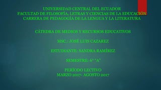 UNIVERSIDAD CENTRAL DEL ECUADOR
FACULTAD DE FILOSOFÍA, LETRAS Y CIENCIAS DE LA EDUCACIÓN
CARRERA DE PEDAGOGÍA DE LA LENGUA Y LA LITERATURA
CÁTEDRA DE MEDIOS Y RECURSOS EDUCATIVOS
MSC.: JOSÉ LUIS CAZAREZ
ESTUDIANTE: SANDRA RAMÍREZ
SEMESTRE: 6° “A”
PERÍODO LECTIVO
MARZO 2017- AGOSTO 2017
 