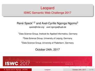 Leopard
ISWC Semantic Web Challenge 2017
Ren´e Speck1,2 and Axel-Cyrille Ngonga Ngomo3
speck@infai.org axel.ngonga@upb.de
1Data Science Group, Institute for Applied Informatics, Germany
2Data Science Group, University of Leipzig, Germany
3Data Science Group, University of Paderborn, Germany
October 24th, 2017
R. Speck and A. Ngonga (AKSW) Leopard October 24th, 2017 1 / 11
 