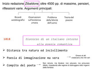 1818 Discorso di un italiano intorno
alla poesia romantica
 Distanza tra natura ed incivilimento
 Poesia di immaginazione ma vera
 Compito del poeta
Omero et alii
credevano che miti veri
Inizio redazione Zibaldone, oltre 4500 pp. di massime, pensieri,
riflessioni varie. Argomenti principali:
Ricordi
autobiografici
Osservazioni
sull’esistenza
umana
Problema
della felicità
dell’uomo
Teoria del
piacere
Non istruire, ma illudere; non educare, ma procurare
diletto, impedendo alla ragione di distruggere dolci inganni
della fantasia
 
