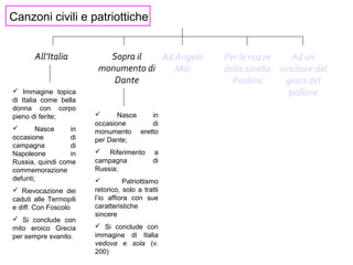 Canzoni civili e patriottiche
All’Italia Sopra il
monumento di
Dante
Ad Angelo
Mai
Per le nozze
della sorella
Paolina
Ad un
vincitore del
gioco del
pallone Immagine topica
di Italia come bella
donna con corpo
pieno di ferite;
 Nasce in
occasione di
campagna di
Napoleone in
Russia, quindi come
commemorazione
defunti;
 Rievocazione dei
caduti alle Termopili
e diff. Con Foscolo
 Si conclude con
mito eroico Grecia
per sempre svanito.
 Nasce in
occasione di
monumento eretto
per Dante;
 Riferimento a
campagna di
Russia;
 Patriottismo
retorico, solo a tratti
l’io affiora con sue
caratteristiche
sincere
 Si conclude con
immagine di Italia
vedova e sola (v.
200)
 