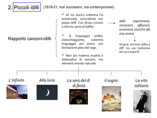 2. Piccoli idilli
Rapporto canzoni-idilli
(1819-21, non successivi, ma contemporanei)
 Al noi storico subentra l’io
esistenziale, coincidente con
poeta (diff. Con Bruto minore
e Ultimo canto di Saffo)
Idilli: esperimenti,
situazioni, affezioni,
avventure storiche del
mio animo
 A linguaggio ardito,
classicheggiante, subentra
linguaggio più piano con
lievitazione peso del vago.
L’infinito Alla luna La sera del dì
di festa
La vita
solitaria
Il sogno
Origine termine idillio e
diff. tra uso tradizione
ed uso Leopardi
 Non più materia erudita e
didascalica di canzoni, ma
elementi mondo naturale.
 