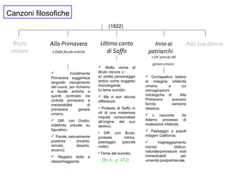 Canzoni filosofiche
Bruto
minore
Ultimo canto
di Saffo
Alla Primavera
o Delle favole antiche
Inno ai
patriarchi
o De’ principi del
genere umano
Alla sua donna
 Molto vicina al
Bruto minore x :
a) scelta personaggio
antico come soggetto
monologante;
b) tema suicidio
 Ma vi son alcune
differenze:
• Protesta di Saffo in
cfr di una misteriosa
iniquità consumatasi
all’origine del suo
destino;
• Diff. con Bruto:
protesta intima,
paesaggio (placida
notte);
• Tema del suicidio.
 Inizialmente
Primavera suggerisce
languido risorgimento
del cuore, poi richiamo
a favole antiche e
quindi contrasto tra
ciclicità primavera e
irreversibilità di
primavera genere
umano;
 Diff. con Ovidio:
indefinito prevale su
figurativo;
 Parole naturalmente
poetiche (incerto,
remoto, deserto,
arcano);
 Registro dotto e
classicheggiante.
 Corrispettivo biblico
di indagine infelicità
umana, a cui
immaginazioni
mitologiche di Alla
Primavera avevano
fornito versione
classica;
 L. racconta da
Adamo processo di
rivelazione infelicità;
 Passaggio a popoli
indigeni California;
 Vagheggiamento
mondo biblico-
naturale/previsione mali
immedicabili per
umanità postpatriarcale.
(1822)
[Br.4, p. 472]
 