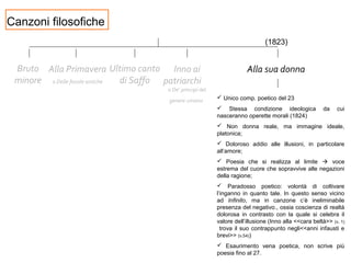 Canzoni filosofiche
Bruto
minore
Ultimo canto
di Saffo
Alla Primavera
o Delle favole antiche
Inno ai
patriarchi
o De’ principi del
genere umano
Alla sua donna
 Unico comp. poetico del 23
 Stessa condizione ideologica da cui
nasceranno operette morali (1824)
 Non donna reale, ma immagine ideale,
platonica;
 Doloroso addio alle illusioni, in particolare
all’amore;
 Poesia che si realizza al limite  voce
estrema del cuore che sopravvive alle negazioni
della ragione;
 Paradosso poetico: volontà di coltivare
l’inganno in quanto tale. In questo senso vicino
ad Infinito, ma in canzone c’è ineliminabile
presenza del negativo., ossia coscienza di realtà
dolorosa in contrasto con la quale si celebra il
valore dell’illusione (Inno alla <<cara beltà>> (v. 1)
trova il suo contrappunto negli<<anni infausti e
brevi>> (v.54))
 Esaurimento vena poetica, non scrive più
poesia fino al 27.
(1823)
 
