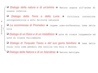  Dialogo della natura e di un’anima  Natura augura all’anima di
essere infelice
 Dialogo della Terra e della Luna  Criticata concezione
antropocentrica e mito felicità naturale
 La scommessa di Prometeo  legame uomo-sofferenza; tema della
noia
 Dialogo di un fisico e di un metafisico  arte di vivere lungamente ed
arte di vivere felicemente
 Dialogo di Torquato Tasso e del suo genio familiare  tema della
noia; vita come pendolo che oscilla tra noia e dolore.
 Dialogo della Natura e di un Islandese  Natura matrigna
II
G
R
U
P
P
O
 