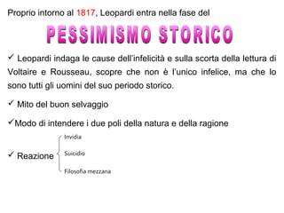 Proprio intorno al 1817, Leopardi entra nella fase del
 Leopardi indaga le cause dell’infelicità e sulla scorta della lettura di
Voltaire e Rousseau, scopre che non è l’unico infelice, ma che lo
sono tutti gli uomini del suo periodo storico.
 Mito del buon selvaggio
Modo di intendere i due poli della natura e della ragione
 Reazione
Invidia
Filosofia mezzana
Suicidio
 