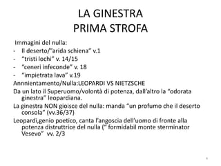 LA GINESTRA
PRIMA STROFA
Immagini del nulla:
- Il deserto/”arida schiena” v.1
- “tristi lochi” v. 14/15
- “ceneri infeconde” v. 18
- “impietrata lava” v.19
Annnientamento/Nulla:LEOPARDI VS NIETZSCHE
Da un lato il Superuomo/volontà di potenza, dall’altro la “odorata
ginestra” leopardiana.
La ginestra NON gioisce del nulla: manda “un profumo che il deserto
consola” (vv.36/37)
Leopardi,genio poetico, canta l’angoscia dell’uomo di fronte alla
potenza distruttrice del nulla (“ formidabil monte sterminator
Vesevo” vv. 2/3
4
 