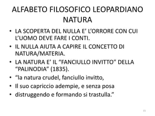 ALFABETO FILOSOFICO LEOPARDIANO
NATURA
• LA SCOPERTA DEL NULLA E’ L’ORRORE CON CUI
L’UOMO DEVE FARE I CONTI.
• IL NULLA AIUTA A CAPIRE IL CONCETTO DI
NATURA/MATERIA.
• LA NATURA E’ IL “FANCIULLO INVITTO” DELLA
“PALINODIA” (1835).
• “la natura crudel, fanciullo invitto,
• Il suo capriccio adempie, e senza posa
• distruggendo e formando si trastulla.”
15
 