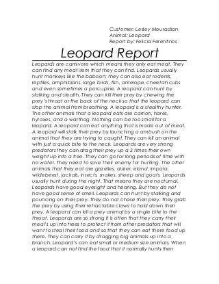 Customer: Lesley Mouradian
Animal: Leopard
Report by: Felicia Ferentinos
Leopard Report
Leopards are carnivore which means they only eat meat. They
can find any meat item that they can find. Leopards usually
hunt monkeys like the baboon; they can also eat rodents,
reptiles, amphibians, large birds, fish, antelope, cheetah cubs
and even sometimes a porcupine. A leopard can hunt by
stalking and stealth. They can kill their prey by chewing the
prey’s throat or the back of the neck so that the leopard can
stop the animal from breathing. A leopard is a stealthy hunter.
The other animals that a leopard eats are carrion, hares,
hyraxes, and a warthog. Nothing can be too small for a
leopard. A leopard can eat anything that is made out of meat.
A leopard will stalk their prey by launching a ambush on the
animal that they are trying to caught. They can kill an animal
with just a quick bite to the neck. Leopards are very strong
predators they can drag their prey up a 3 times their own
weight up into a tree. They can go for long periods of time with
no water. They need to save their enemy for hunting. The other
animals that they eat are gazelles, duker, eland, impala,
wildebeest, jackals, insects, snakes, sheep and goats. Leopards
usually hunt during the night. That means they are nocturnal.
Leopards have good eyesight and hearing. But they do not
have good sense of smell. Leopards can hunt by stalking and
pouncing on their prey. They do not chase their prey. They grab
the prey by using their retractable claws to hold down their
prey. A leopard can kill a prey animal by a single bite to the
throat. Leopards are so strong it is often that they carry their
meal’s up into trees to protect it from other predators that will
want to steal their food and so that they can eat there food up
there. They can carry it by dragging big animals up into a
branch. Leopard’s can eat small or medium size animals. When
a leopard can not find the food that it normally hunts then
 