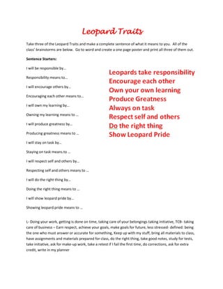 Leopard Traits
Take three of the Leopard Traits and make a complete sentence of what it means to you. All of the
class’ brainstorms are below. Go to word and create a one page poster and print all three of them out.
Sentence Starters:
I will be responsible by…
Responsibility means to…
I will encourage others by…
Encouraging each other means to…
I will own my learning by…
Owning my learning means to …
I will produce greatness by…
Producing greatness means to …
I will stay on task by…
Staying on task means to …
I will respect self and others by…
Respecting self and others means to …
I will do the right thing by…
Doing the right thing means to …
I will show leopard pride by…
Showing leopard pride means to …
L- Doing your work, getting is done on time, taking care of your belongings taking initiative, TCB- taking
care of business – Earn respect, achieve your goals, make goals for future, less stressed- defined: being
the one who must answer or accurate for something, Keep up with my stuff, bring all materials to class,
have assignments and materials prepared for class, do the right thing, take good notes, study for tests,
take initiative, ask for make-up work, take a retest if I fail the first time, do corrections, ask for extra
credit, write in my planner
 