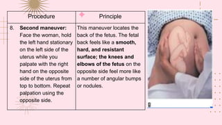 Procedure Principle
8. Second maneuver:
Face the woman, hold
the left hand stationary
on the left side of the
uterus while you
palpate with the right
hand on the opposite
side of the uterus from
top to bottom. Repeat
palpation using the
opposite side.
This maneuver locates the
back of the fetus. The fetal
back feels like a smooth,
hard, and resistant
surface; the knees and
elbows of the fetus on the
opposite side feel more like
a number of angular bumps
or nodules.
 