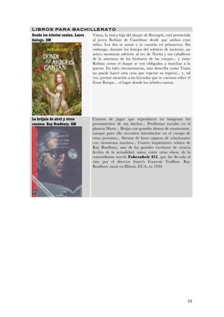 Lib r os pa r a ba chi lle ra t o
Donde los árboles cantan. Laura Viana, la única hija del duque de Rocagrís, está prometida
Gallego. SM                     al joven Robian de Castelmar desde que ambos eran
                                niños. Los dos se aman y se casarán en primavera. Sin
                                embargo, durante los festejos del solsticio de invierno, un
                                arisco montaraz advierte al rey de Nortia y sus caballeros
                                de la amenaza de los bárbaros de las estepas... y tanto
                                Robian como el duque se ven obligados a marchar a la
                                guerra. En tales circunstancias, una doncella como Viana
                                no puede hacer otra cosa que esperar su regreso... y, tal
                                vez, prestar atención a las leyendas que se cuentan sobre el
                                Gran Bosque... el lugar donde los árboles cantan.




La brújula de abril y otros        Cuartos de jugar que reproducen en imágenes los
cuentos. Ray Bradbury. SM          pensamientos de sus dueños... Problemas raciales en el
                                   planeta Marte... Brujas con grandes deseos de enamorarse,
                                   aunque para ello necesiten introducirse en el cuerpo de
                                   otras personas... Sirenas de faros capaces de relacionarse
                                   con monstruos marinos... Cuatro inquietantes relatos de
                                   Ray Bradbury, uno de los grandes escritores de ciencia
                                   ficción de la actualidad, autor, entre otras obras, de la
                                   conocidísima novela Fahrenheit 451, que fue llevada al
                                   cine por el director francés Francois Truffaut. Ray
                                   Bradbury nació en Illinois, EUA, en 1920.




                                                                                           10
 