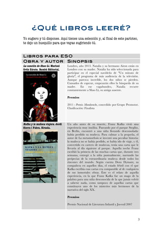 ¿Qué libros leeré?
Yo sugiero y tú dispones. Aquí tienes una selección y, al final de este parloteo,
te dejo un huequillo para que vayas sugiriendo tú.


Libros para ESO
Obra y autor Sinops is
La canción de Shao Li. Marisol     Londres, año 2013. Natalia y su hermano Airon están en
Ortiz Zárate. Bambú Editorial.     Londres con su madre. Natalia ha sido seleccionada para
                                   participar en el especial navideño de "Un minuto de
                                   gloria", el programa de más audiencia de la televisión.
                                   Aunque parezca increíble, los dos niños se pierden.
                                   Cansados de esperar, empezarán ellos la búsqueda de su
                                   madre.     En    ese   vagabundeo,    Natalia   recurre
                                   constantemente a Shao Li, su amiga ausente.

                                   Premios

                                   2011 - Premio Mandarache, concedido por Grupo Promotor.
                                   Clasificación: Finalista




Kafka y la muñeca viajera. Jordi   Un año antes de su muerte, Franz Kafka vivió una
Sierra i Fabra. Siruela.           experiencia muy insólita. Paseando por el parque Steglitz,
                                   en Berlín, encontró a una niña llorando desconsolada:
                                   había perdido su muñeca. Para calmar a la pequeña, el
                                   autor de La metamorfosis se inventó una peculiar historia:
                                   la muñeca no se había perdido, se había ido de viaje, y él,
                                   convertido en cartero de muñecas, tenía una carta que le
                                   llevaría al día siguiente al parque. Aquella noche Franz
                                   escribió la primera de las muchas cartas que, durante tres
                                   semanas, entregó a la niña puntualmente, narrando las
                                   peripecias de la extraordinaria muñeca desde todos los
                                   rincones del mundo. Según cuenta Dora Dymant, su
                                   compañera en aquellos días, el estado febril con el que
                                   Kafka escribía esas cartas era comparable al de cualquiera
                                   de sus inmortales obras. Éste es el relato de aquella
                                   experiencia, en la que Franz Kafka fue un mago de la
                                   palabra para una niña desconocida de la que jamás volvió
                                   a saberse nada, como tampoco de aquellas cartas que
                                   constituyen uno de los misterios más hermosos de la
                                   narrativa del siglo XX.

                                   Premios

                                   Premio Nacional de Literatura Infantil y Juvenil 2007




                                                                                             3
 