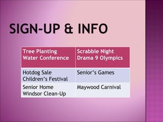 Tree Planting         Scrabble Night
Water Conference      Drama 9 Olympics

Hotdog Sale           Senior’s Games
Children’s Festival
Senior Home           Maywood Carnival
Windsor Clean-Up
 
