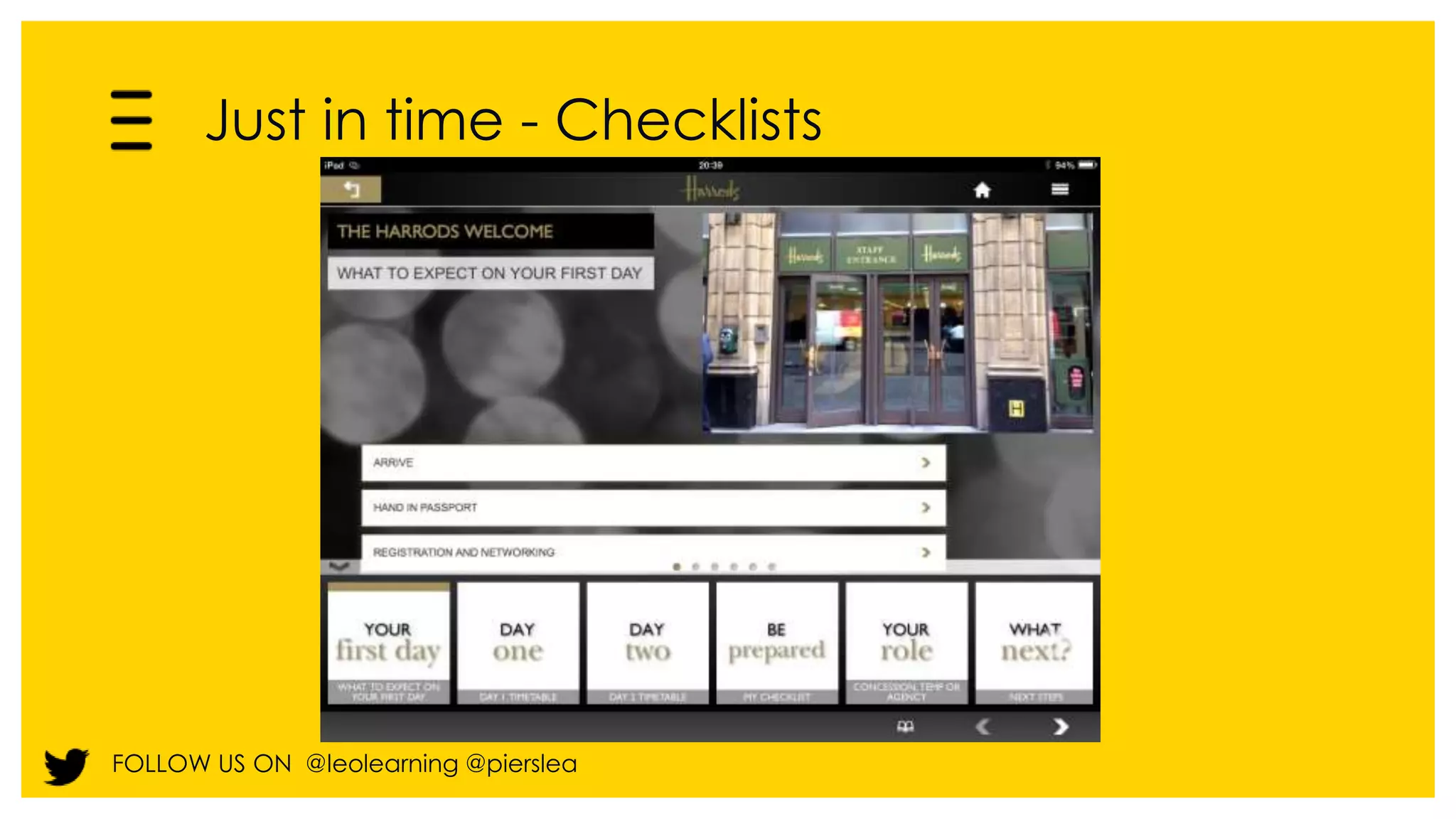 Just in time - Checklists 
FOLLOW US ON @leolearning @pierslea 
 