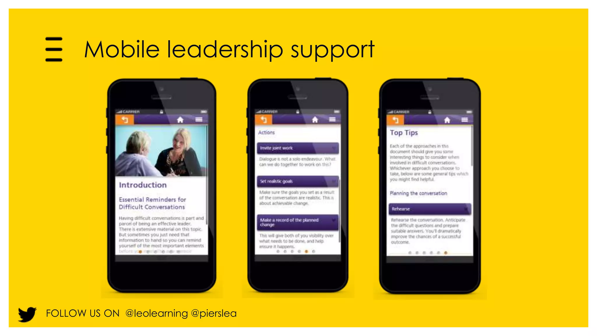 Mobile leadership support 
FOLLOW US ON @leolearning @pierslea 
 