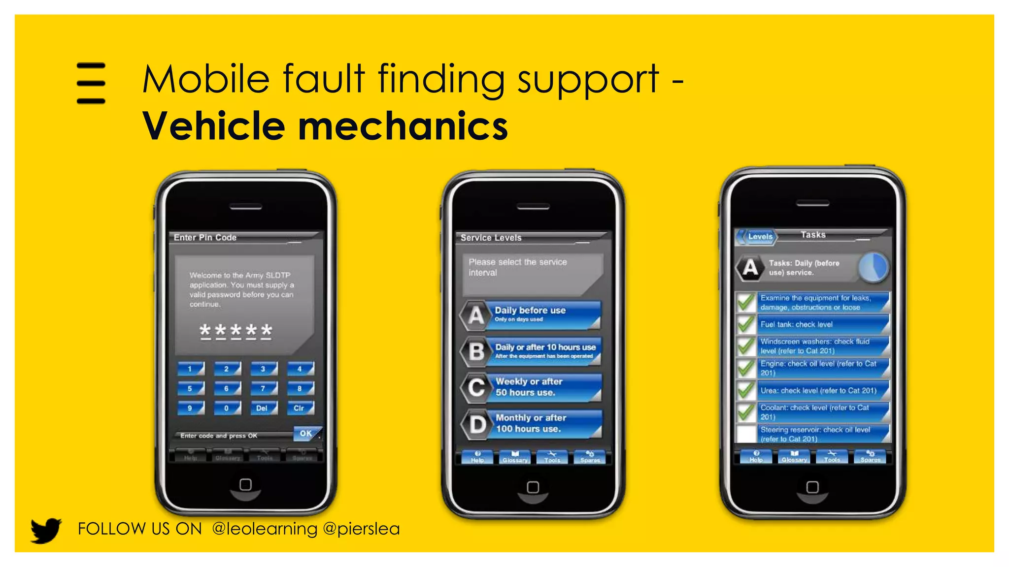 Mobile fault finding support - 
Vehicle mechanics 
FOLLOW US ON @leolearning @pierslea 
 