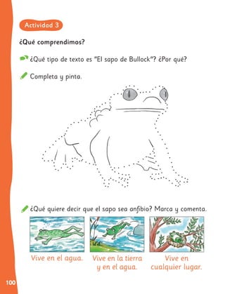 100
¿Qué quiere decir que el sapo sea anfibio? Marca y comenta.
Vive en el agua. Vive en la tierra
y en el agua.
Vive en
cualquier lugar.
¿Qué comprendimos?
¿Qué tipo de texto es "El sapo de Bullock"? ¿Por qué?
Completa y pinta.
Actividad 3
 