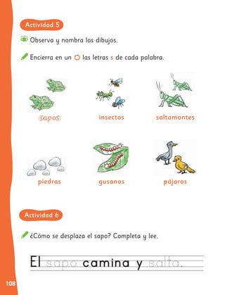 108
Observa y nombra los dibujos.
Encierra en un las letras s de cada palabra.
¿Cómo se desplaza el sapo? Completa y lee.
piedras
insectos
gusanos
saltamontes
saltamontes
pájaros
Actividad 5
Actividad 6
 