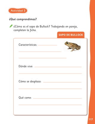 117
SAPO DE BULLOCK
Características:
Dónde vive:
Cómo se desplaza:
Qué come:
¿Qué comprendimos?
¿Cómo es el sapo de Bullock? Trabajando en pareja,
completen la ficha.
Actividad 3
 