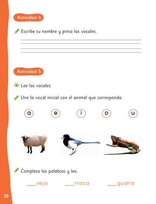 20
Escribe tu nombre y pinta las vocales.
Lee las vocales.
Une la vocal inicial con el animal que corresponda.
Completa las palabras y lee.
a e i o u
veja
veja rraca
rraca guana
guana
Actividad 4
Actividad 5
 