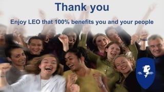 Thank you
Enjoy LEO that 100% benefits you and your people

All rights reserved 2013
Learning Enterprises Organisation Ltd

Learn – Earn – Own
www.myleobusiness.com

 