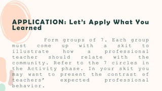 APPLICATION: Let’s Apply What You
Learned
F o r m g r o u p s o f 7 . E a c h g r o u p
m u s t c o m e u p w i t h a s k i t t o
i l l u s t r a t e h o w a p r o f e s s i o n a l
t e a c h e r s h o u l d r e l a t e w i t h t h e
c o m m u n i t y . R e f e r t o t h e 7 c i r c l e s i n
t h e A c t i v i t y p h a s e . I n y o u r s k i t y o u
m a y w a n t t o p r e s e n t t h e c o n t r a s t o f
t e a c h e r s ’ e x p e c t e d p r o f e s s i o n a l
b e h a v i o r .
 