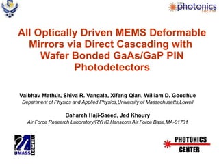 All Optically Driven MEMS Deformable Mirrors via Direct Cascading with  Wafer Bonded GaAs/GaP PIN Photodetectors ,[object Object],[object Object],[object Object],[object Object]