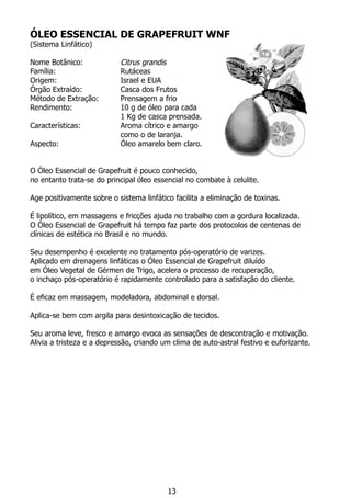ÓLEO ESSENCIAL DE GRAPEFRUIT WNF
(Sistema Linfático)
Nome Botânico: 		 Citrus grandis
Família:			 Rutáceas
Origem:			 Israel e EUA
Órgão Extraído:		 Casca dos Frutos
Método de Extração:	 Prensagem a frio
Rendimento:		 10 g de óleo para cada
			 1 Kg de casca prensada.
Características:		 Aroma cítrico e amargo
			 como o de laranja.
Aspecto:			 Óleo amarelo bem claro.
	
O Óleo Essencial de Grapefruit é pouco conhecido,
no entanto trata-se do principal óleo essencial no combate à celulite.
Age positivamente sobre o sistema linfático facilita a eliminação de toxinas.
É lipolítico, em massagens e fricções ajuda no trabalho com a gordura localizada.
O Óleo Essencial de Grapefruit há tempo faz parte dos protocolos de centenas de
clínicas de estética no Brasil e no mundo.
Seu desempenho é excelente no tratamento pós-operatório de varizes.
Aplicado em drenagens linfáticas o Óleo Essencial de Grapefruit diluído
em Óleo Vegetal de Gérmen de Trigo, acelera o processo de recuperação,
o inchaço pós-operatório é rapidamente controlado para a satisfação do cliente.
É eficaz em massagem, modeladora, abdominal e dorsal.
Aplica-se bem com argila para desintoxicação de tecidos.
Seu aroma leve, fresco e amargo evoca as sensações de descontração e motivação.
Alivia a tristeza e a depressão, criando um clima de auto-astral festivo e euforizante.
13
 