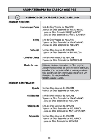 CABELOS NORMAIS
Maciez e perfume
		
Brilho
		
Proteção
	
Cabelos Claros
Modo de usar:
CABELOS DANIFICADOS
		 Queda	
		 Ressecados	
		 Oleosidade
		 Seborréia	
AROMATERAPIA DA CABEÇA AOS PÉS
	 1	 CUIDADO COM OS CABELOS E COURO CABELUDO
5ml de Óleo Vegetal de ABACATE
2 gotas de Óleo Essencial de YLANG-YLANG
1 gota de Óleo Essencial LARANJA-DOCE
1 gota de Óleo Essencial GERÂNIO BOURBON
5ml de Óleo Vegetal de ABACATE
2 gotas de Óleo Essencial de YLANG-YLANG
2 gotas de Óleo Essencial de ALECRIM
5 ml de Óleo Vegetal de ABACATE
2 gotas de Óleo Essencial de PALMAROSA
5 ml de Óleo Vegetal de ABACATE
2 gotas de Óleo Essencial de GRAPEFRUIT
Misturar os óleos essenciais no óleo vegetal,
Aplicar massageando os óleos no couro cabeludo,
espalhar a sobra pelos cabelos massageando os
fios, deixar agir por 10 minutos e lavar com um
shampoo de sua preferência.
Utilizar a cada 15 dias.
5 ml de Óleo Vegetal de ABACATE
4 gotas de Óleo Essencial de ALECRIM
5 ml de Óleo Vegetal de ABACATE
3 gotas de Óleo Essencial de YLANG-YLANG
1 gota de Óleo Essencial de ALECRIM
5mL de Óleo Vegetal de ABACATE
3 gotas de Óleo Essencial de MELALEUCA
1 gota de Óleo Essencial de MENTA PIPERITA
5 ml de Óleo Vegetal de ABACATE
3 gotas de Óleo Essencial de MELALEUCA
1 gota de Óleo Essencial de LAVANDA
30
 