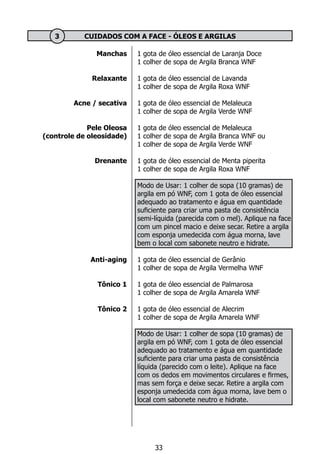 Manchas
Relaxante
Acne / secativa
Pele Oleosa
(controle de oleosidade)
Drenante
Anti-aging
Tônico 1
Tônico 2
1 gota de óleo essencial de Laranja Doce
1 colher de sopa de Argila Branca WNF
1 gota de óleo essencial de Lavanda
1 colher de sopa de Argila Roxa WNF
1 gota de óleo essencial de Melaleuca
1 colher de sopa de Argila Verde WNF
1 gota de óleo essencial de Melaleuca
1 colher de sopa de Argila Branca WNF ou
1 colher de sopa de Argila Verde WNF
1 gota de óleo essencial de Menta piperita
1 colher de sopa de Argila Roxa WNF
Modo de Usar: 1 colher de sopa (10 gramas) de
argila em pó WNF, com 1 gota de óleo essencial
adequado ao tratamento e água em quantidade
suficiente para criar uma pasta de consistência
semi-líquida (parecida com o mel). Aplique na face
com um pincel macio e deixe secar. Retire a argila
com esponja umedecida com água morna, lave
bem o local com sabonete neutro e hidrate.
1 gota de óleo essencial de Gerânio
1 colher de sopa de Argila Vermelha WNF
1 gota de óleo essencial de Palmarosa
1 colher de sopa de Argila Amarela WNF
1 gota de óleo essencial de Alecrim
1 colher de sopa de Argila Amarela WNF
Modo de Usar: 1 colher de sopa (10 gramas) de
argila em pó WNF, com 1 gota de óleo essencial
adequado ao tratamento e água em quantidade
suficiente para criar uma pasta de consistência
líquida (parecido com o leite). Aplique na face
com os dedos em movimentos circulares e firmes,
mas sem força e deixe secar. Retire a argila com
esponja umedecida com água morna, lave bem o
local com sabonete neutro e hidrate.
	 3	 CUIDADOS COM A FACE - ÓLEOS E ARGILAS
33
 
