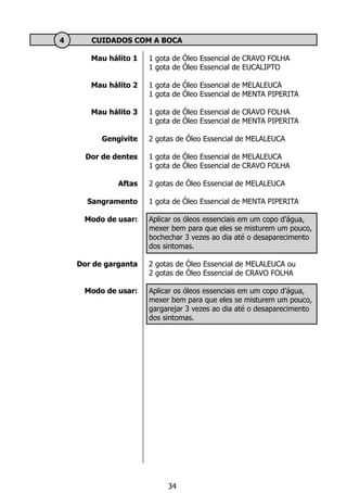 Mau hálito 1
Mau hálito 2
Mau hálito 3
Gengivite
Dor de dentes
Aftas
Sangramento
Modo de usar:
Dor de garganta
Modo de usar:
	 4	 CUIDADOS COM A BOCA
1 gota de Óleo Essencial de CRAVO FOLHA
1 gota de Óleo Essencial de EUCALIPTO
1 gota de Óleo Essencial de MELALEUCA
1 gota de Óleo Essencial de MENTA PIPERITA
1 gota de Óleo Essencial de CRAVO FOLHA
1 gota de Óleo Essencial de MENTA PIPERITA
2 gotas de Óleo Essencial de MELALEUCA
1 gota de Óleo Essencial de MELALEUCA
1 gota de Óleo Essencial de CRAVO FOLHA
2 gotas de Óleo Essencial de MELALEUCA
1 gota de Óleo Essencial de MENTA PIPERITA
Aplicar os óleos essenciais em um copo d’água,
mexer bem para que eles se misturem um pouco,
bochechar 3 vezes ao dia até o desaparecimento
dos sintomas.
2 gotas de Óleo Essencial de MELALEUCA ou
2 gotas de Óleo Essencial de CRAVO FOLHA
Aplicar os óleos essenciais em um copo d’água,
mexer bem para que eles se misturem um pouco,
gargarejar 3 vezes ao dia até o desaparecimento
dos sintomas.
34
 