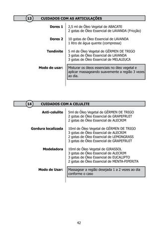 Dores 1
Dores 2
Tendinite
Modo de usar:
	 13 	 CUIDADOS COM AS ARTICULAÇÕES
2,5 ml de Óleo Vegetal de ABACATE
2 gotas de Óleo Essencial de LAVANDA (Fricção)
10 gotas de Óleo Essencial de LAVANDA
1 litro de água quente (compressa)
5 ml de Óleo Vegetal de GÉRMEN DE TRIGO
3 gotas de Óleo Essencial de LAVANDA
3 gotas de Óleo Essencial de MELALEUCA
Misturar os óleos essenciais no óleo vegetal e
aplicar massageando suavemente a região 3 vezes
ao dia.
Anti-celulite
Gordura localizada
Modeladora
Modo de Usar:
	 14 	 CUIDADOS COM A CELULITE
5ml de Óleo Vegetal de GÉRMEN DE TRIGO
2 gotas de Óleo Essencial de GRAPEFRUIT
2 gotas de Óleo Essencial de ALECRIM
10ml de Óleo Vegetal de GÉRMEN DE TRIGO
3 gotas de Óleo Essencial de ALECRIM
2 gotas de Óleo Essencial de LEMONGRASS
3 gotas de Óleo Essencial de GRAPEFRUIT
10ml de Óleo Vegetal de GIRASSOL
3 gotas de Óleo Essencial de ALECRIM
3 gotas de Óleo Essencial de EUCALIPTO
2 gotas de Óleo Essencial de MENTA-PIPERITA
Massagear a região desejada 1 a 2 vezes ao dia
conforme o caso
42
 