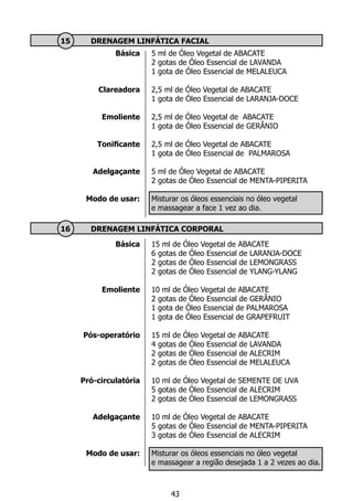 Básica
Clareadora
Emoliente
Tonificante
Adelgaçante
Modo de usar:
Básica
Emoliente
Pós-operatório
Pró-circulatória
Adelgaçante
Modo de usar:
	 15 	 DRENAGEM LINFÁTICA FACIAL
5 ml de Óleo Vegetal de ABACATE
2 gotas de Óleo Essencial de LAVANDA
1 gota de Óleo Essencial de MELALEUCA
2,5 ml de Óleo Vegetal de ABACATE
1 gota de Óleo Essencial de LARANJA-DOCE
2,5 ml de Óleo Vegetal de ABACATE
1 gota de Óleo Essencial de GERÂNIO
2,5 ml de Óleo Vegetal de ABACATE
1 gota de Óleo Essencial de PALMAROSA
5 ml de Óleo Vegetal de ABACATE
2 gotas de Óleo Essencial de MENTA-PIPERITA
Misturar os óleos essenciais no óleo vegetal
e massagear a face 1 vez ao dia.
15 ml de Óleo Vegetal de ABACATE
6 gotas de Óleo Essencial de LARANJA-DOCE
2 gotas de Óleo Essencial de LEMONGRASS
2 gotas de Óleo Essencial de YLANG-YLANG
10 ml de Óleo Vegetal de ABACATE	
2 gotas de Óleo Essencial de GERÂNIO
1 gota de Óleo Essencial de PALMAROSA
1 gota de Óleo Essencial de GRAPEFRUIT	
15 ml de Óleo Vegetal de ABACATE
4 gotas de Óleo Essencial de LAVANDA
2 gotas de Óleo Essencial de ALECRIM
2 gotas de Óleo Essencial de MELALEUCA
10 ml de Óleo Vegetal de SEMENTE DE UVA
5 gotas de Óleo Essencial de ALECRIM
2 gotas de Óleo Essencial de LEMONGRASS
10 ml de Óleo Vegetal de ABACATE
5 gotas de Óleo Essencial de MENTA-PIPERITA
3 gotas de Óleo Essencial de ALECRIM
Misturar os óleos essenciais no óleo vegetal
e massagear a região desejada 1 a 2 vezes ao dia.
	 16 	 DRENAGEM LINFÁTICA CORPORAL
43
 