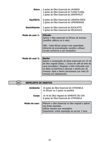 Raiva
Equilíbrio
Desinfetante
Modo de usar 1:
Modo de usar 2:
6 gotas de Óleo Essencial de LAVANDA
2 gotas de Óleo Essencial de YLANG-YLANG
2 gotas de Óleo Essencial de GRAPEFRUIT
8 gotas de Óleo Essencial de LARANJA-DOCE
2 gotas de Óleo Essencial de LEMONGRASS
			
5 gotas de Óleo Essencial de EUCALIPTO
5 gotas de Óleo Essencial de MELALEUCA
Difusão
Aplicar o óleo essencial no Difusor de Aromas
(pastilha, elétrico ou à vela).
OBS.: Cada difusor possui uma capacidade
diferente de aromatização, escolha o difusor
correto conforme o uso necessário.
Banho
Aplicar a composição de óleos essenciais em 10 ml
de óleo vegetal (base), 1 xícara de café de leite de
vaca (emulador). Despejar o leite misturado com
os óleos na banheira e apreciar o banho por 20
minutos. Após o banho permanecer por mais 20
minutos em relaxamento.
Ambiente
Corpo
Modo de usar:
	 21 	 REPELENTE DE INSETOS
10 gotas de Óleo Essencial de CITRONELA
no difusor ou 5 gotas na pastilha
10 ml de Óleo Vegetal de SEMENTE DE UVA
8 gotas de Óleo Essencial de CITRONELA
	 	
Misturar o óleo essencial no óleo vegetal e aplicar
nas áreas expostas.
Utilizar sempre que necessário.
Importante: evitar exposição ao sol por 1 hora.
47
 